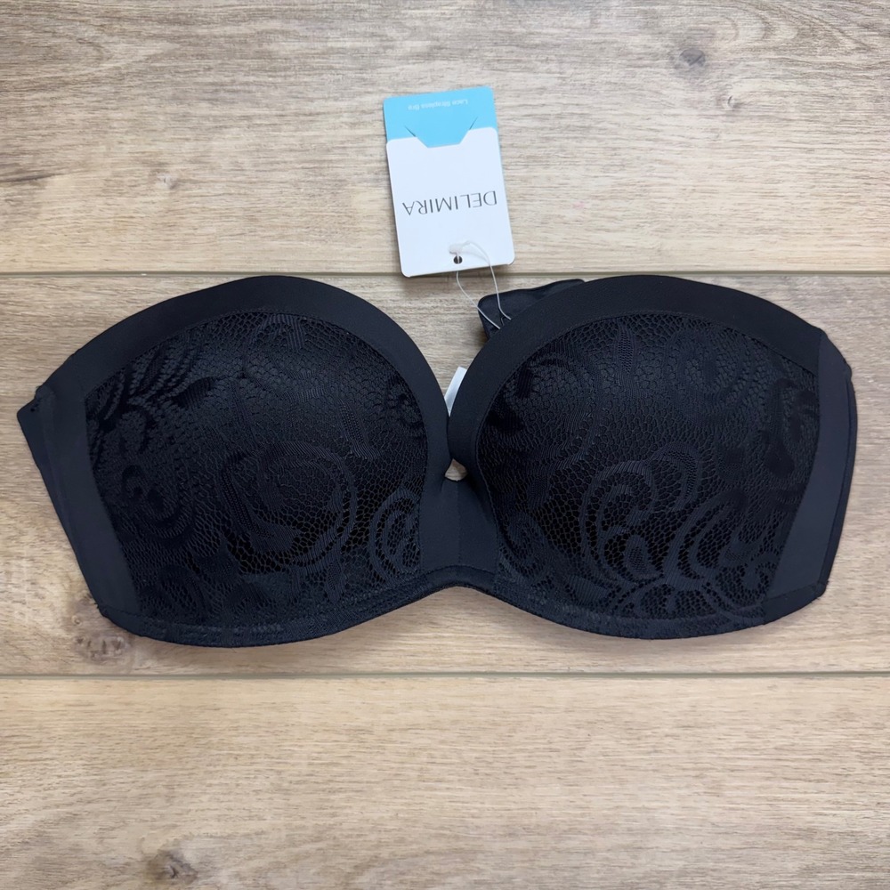 DELIMIRA Women Black Lace Strapless Bra Anti-Slip Push Up H091 36C NEW